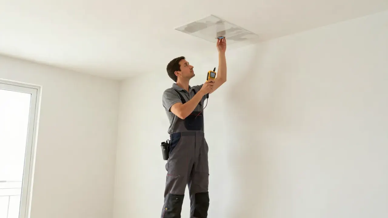 Ceiling and Wall Leak Tracing in Wellington, Florida: leak detection specialist holding a moisture meter against a damp