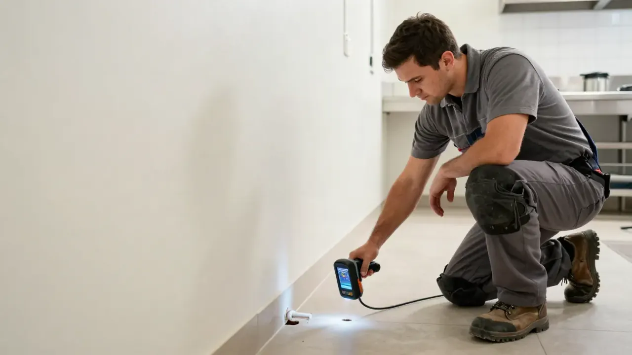Commercial Plumbing Leak Location in Wellington, Florida: leak detection specialist scanning a commercial kitchen floor with