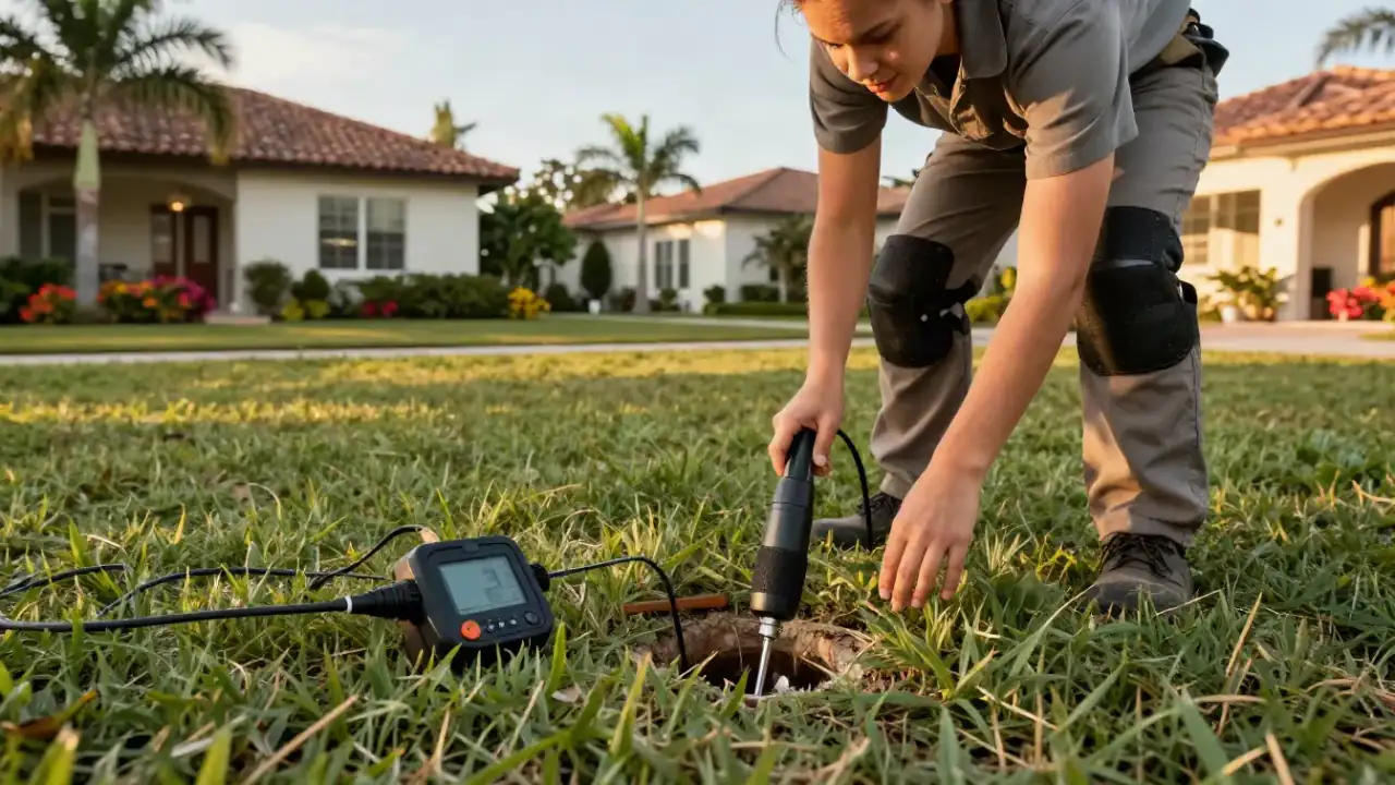 Leak Detection in Wellington, Florida: close-up shot of a digital acoustic ground microphone on a green lawn, actively