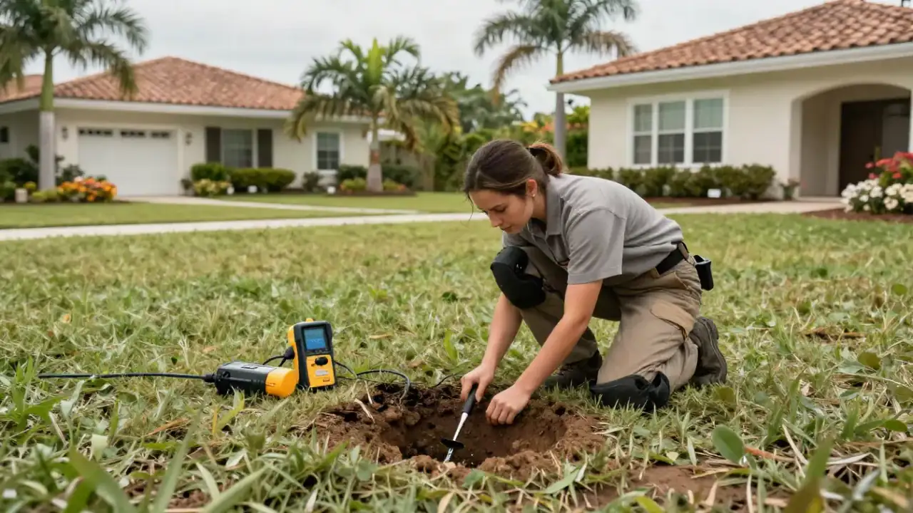 Irrigation and Sprinkler Line Leak Tracing in Wellington, Florida: leak detection specialist observing a visibly wet and